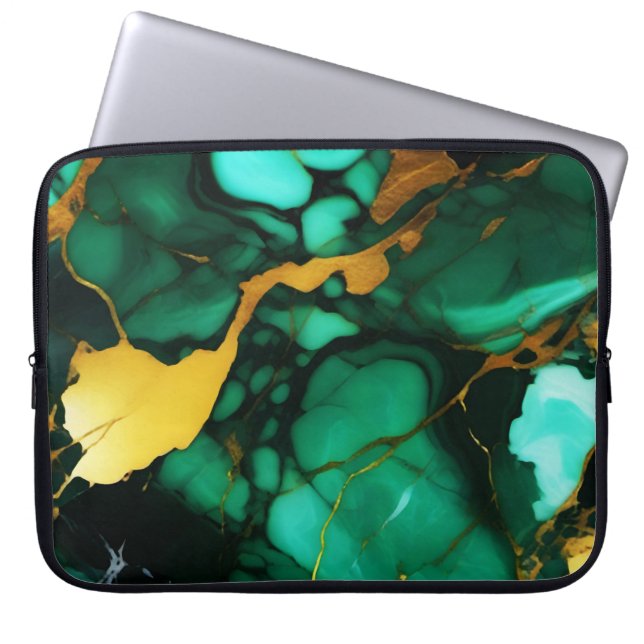 Chic Elegant dark green golden yellow Faux Marble  Laptop Sleeve (Front)