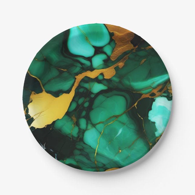 Chic Elegant dark green golden yellow Faux Marble  Paper Plate (Front)