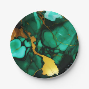 Chic Elegant dark green golden yellow Faux Marble Paper Plate