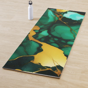 Chic Elegant dark green golden yellow Faux Marble Yoga Mat