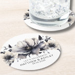Chic Elegant Date Boho Floral Black White Wedding Round Paper Coaster<br><div class="desc">Cute and simple black and white flower wedding design. A classic but whimsical look with black, grey and cream coloured flowers with black fonts and modern lettering. Edit all of the text to your own information. Great for a boho wedding with a modern twist, a winter or spring classic affair,...</div>
