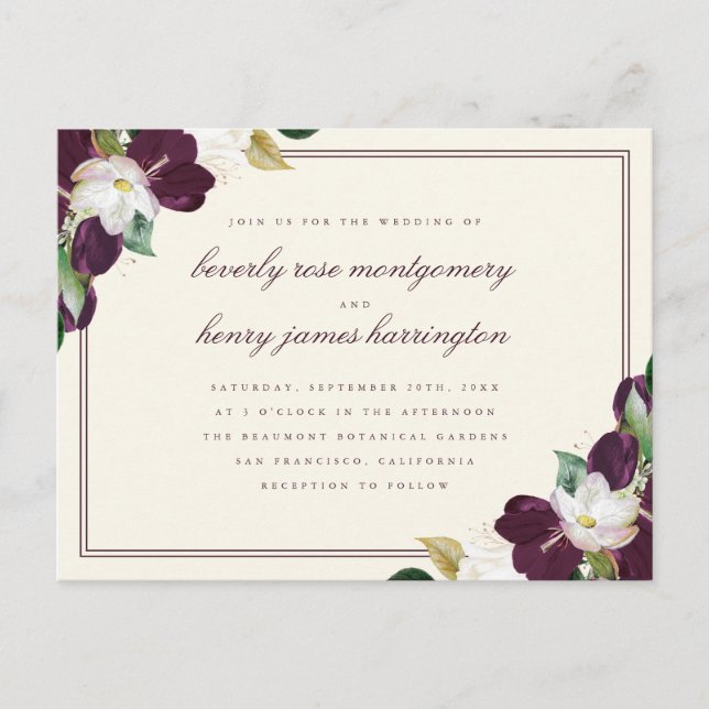 Chic Elegant Deep Purple & Ivory Floral Wedding Invitation Postcard (Front)