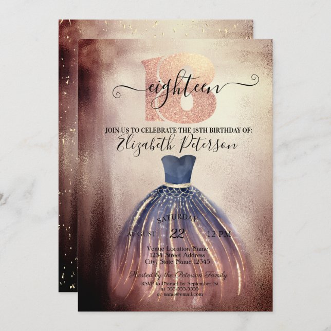 Chic Elegant Dress 18th Birthday Party Invitation (Front/Back)