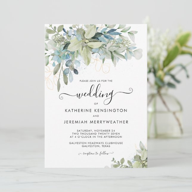 Chic Elegant Eucalyptus Greenery Script Wedding Invitation (Standing Front)