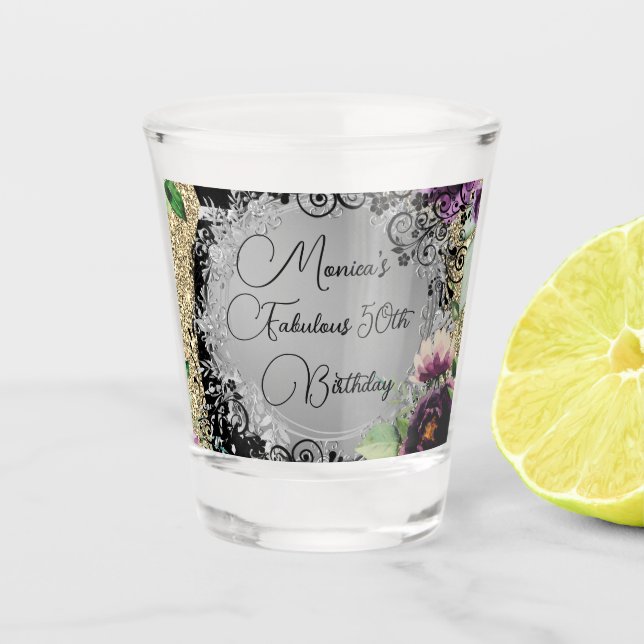 Chic Elegant Fabulous 50th Birthday Customized Shot Glass (Front)