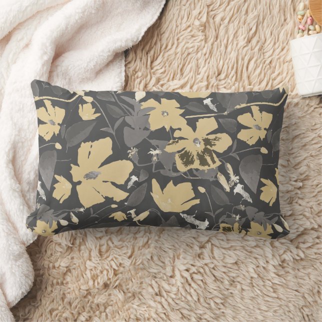 Chic Elegant Feminine Gold Grey Floral Pattern Lumbar Pillow (Blanket)