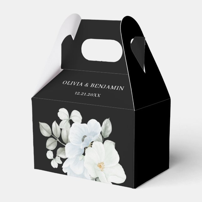 Chic Elegant Floral Black and White Wedding Favor Box (Front Side)