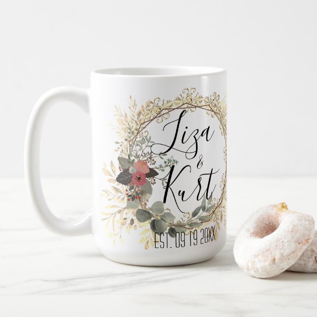 Chic Elegant Floral Wreath Wedding Personalized  Coffee Mug (With Donut)
