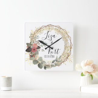 Chic Elegant Floral Wreath Wedding       Square Wall Clock