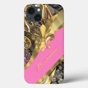 Chic elegant gold and pink bling personalized iPhone 13 case