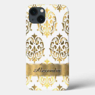 Chic elegant gold and white personalized damask iPhone 13 case