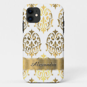 Chic elegant gold and white personalized damask iPhone 11 case