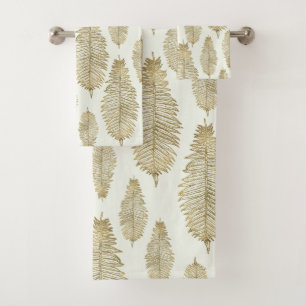 Chic Elegant Gold & Blush Sage Fern Leaf Bath Towel Set