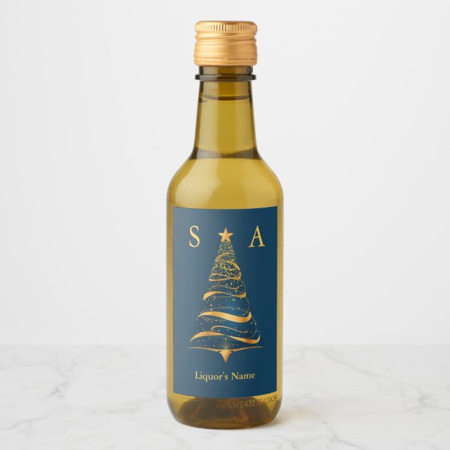 Chic Elegant Gold Christmas Tree Monogram Wedding Wine Label (Front)