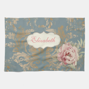 Chic Elegant Gold Damask Roses Kitchen Towel