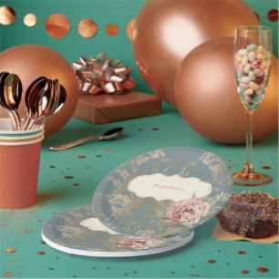 Chic Elegant Gold Damask Roses Paper Plate