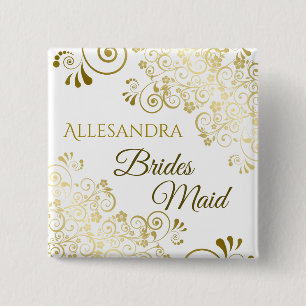 Chic Elegant Gold Filigree Bridesmaid Name Tag 2 Inch Square Button