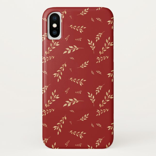 Chic Elegant Gold Foil Leaves Red Case-Mate iPhone Case (Back)