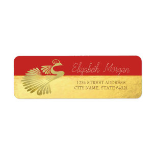 Chic Elegant,Gold Peacock, Red Address Label