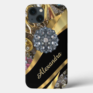 Chic elegant gold rhinestone bling personalized iPhone 13 case