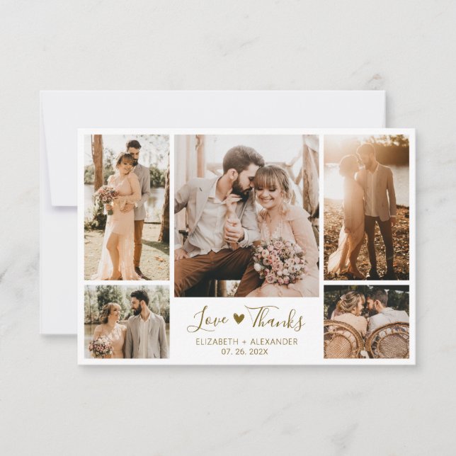 Chic Elegant Gold Script 5 Photo Collage Wedding  Thank You Card (Front)