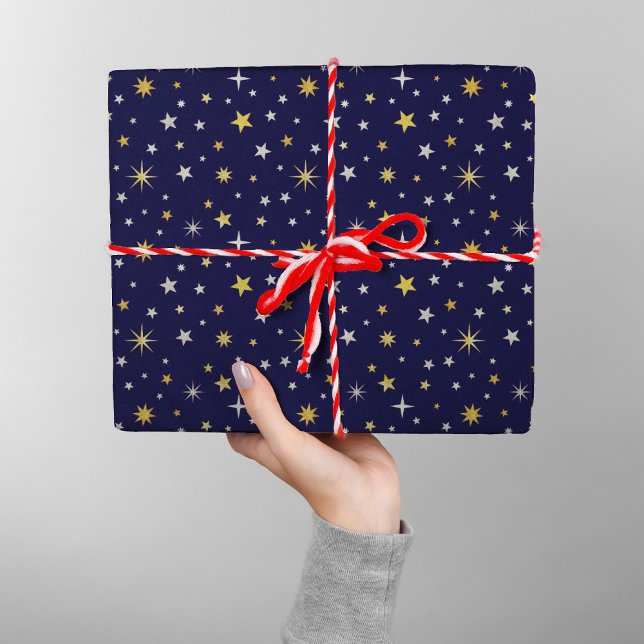 Chic Elegant Gold Silver Stars Navy Blue Christmas Wrapping Paper (Creator Uploaded)