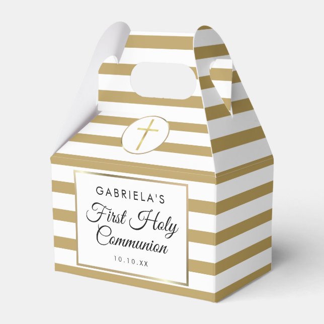 Chic Elegant Gold Stripe First Holy Communion Favor Box (Front Side)