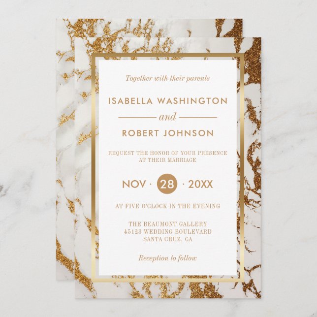 Chic Elegant Gold & White Marble Modern Wedding Invitation (Front/Back)