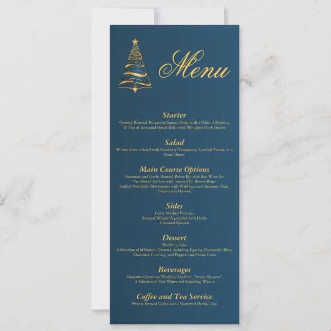 Chic Elegant Golden Christmas Tree Wedding Menu Invitation (Front)