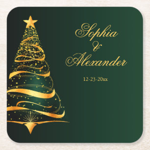 Chic Elegant Golden Christmas Tree Wedding Square Paper Coaster