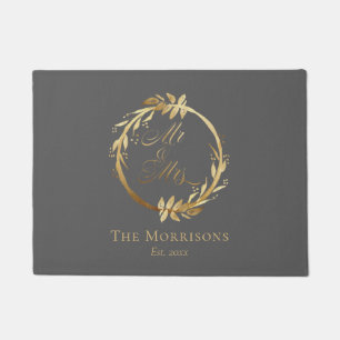 Chic Elegant Grey Gold Wreath Newlyweds Mr & Mrs Doormat