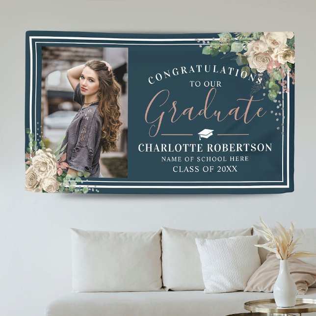 Chic Elegant Ivory & Blush Floral Photo Graduation Banner (Creator Uploaded)