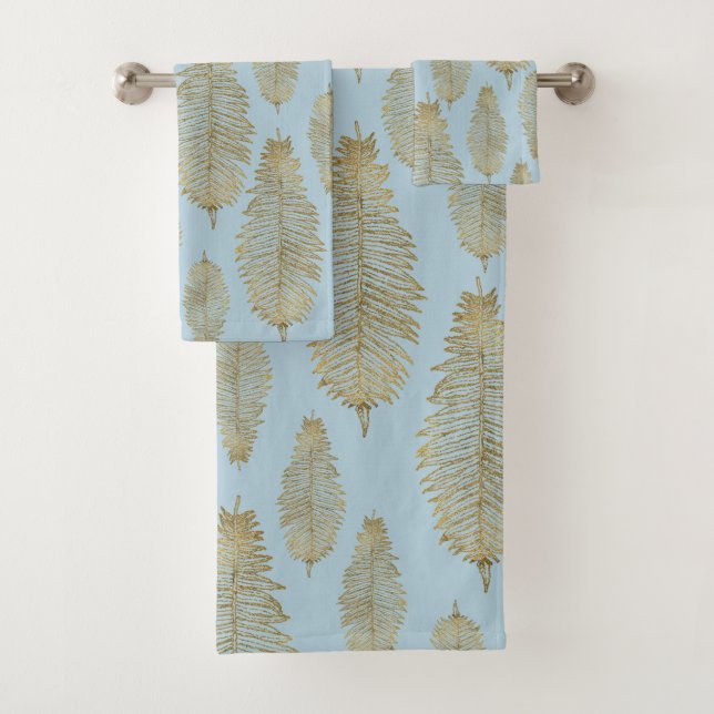 Chic Elegant Light Blue Gold Fern Leaf Pattern Bath Towel Set (Insitu)