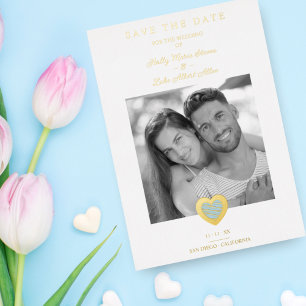 Chic Elegant Light Blue & Gold Heart Photo Couple