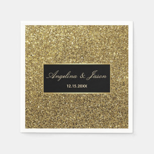 Chic Elegant Luxury Black and Gold Glitter Wedding Napkin