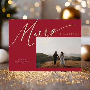 Chic Elegant Merry & Married One Photo Red + Gold Foil Holiday Card