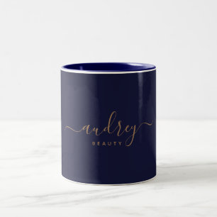 Chic Elegant Navy Blue Gold Script Two-Tone Coffee Mug