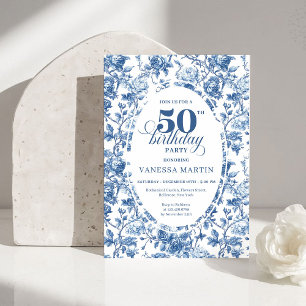 Chic Elegant Navy Toile de Jouy Rose 50th Birthday Invitation