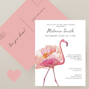 Chic Elegant Pink Flamingo Minimalist Baby Shower Postcard