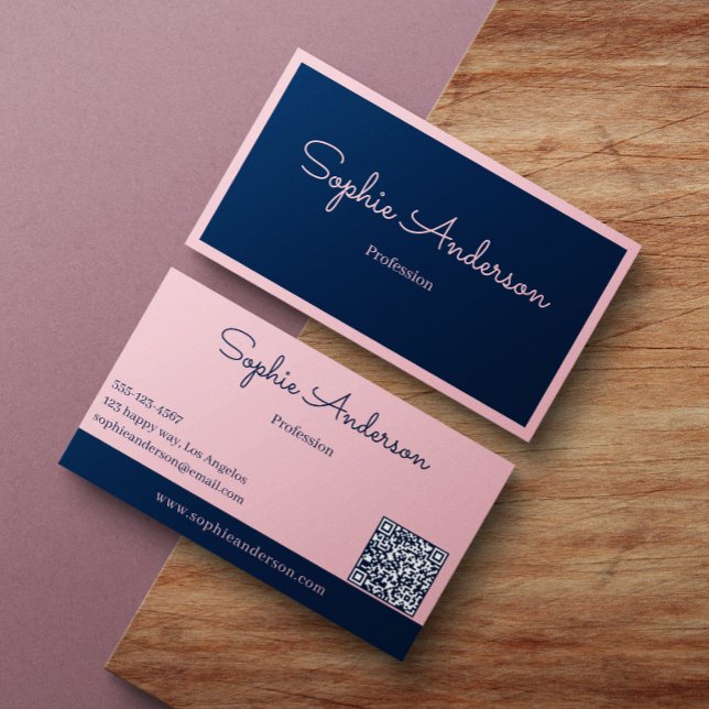 Chic Elegant Pink & Navy with QR Code  Business Card (Creator Uploaded)