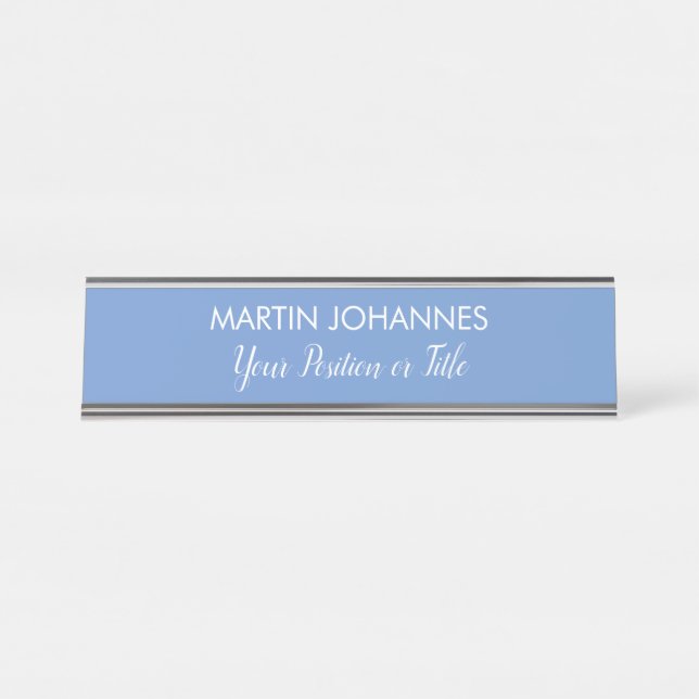 Chic Elegant Plain Stylish Blue Minimalist Desk Name Plate (Front)