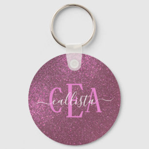 Chic Elegant Plum Purple Sparkly Glitter Monogram Keychain
