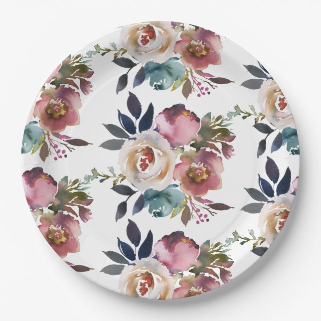 Chic Elegant Romantic Dark Rose Wedding Paper Plate (Front)