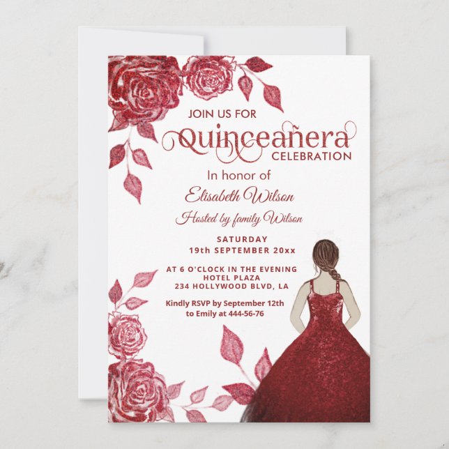Chic elegant romantic red roses  Quinceañera  Invitation (Front)