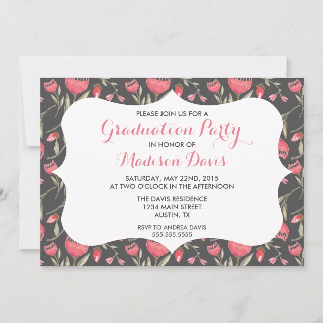 Chic Elegant Rose Floral Invitations de graduation (Devant)