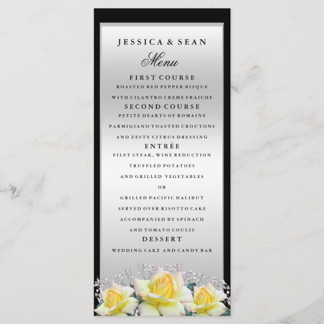 Chic Elegant Roses Silver Wedding Menu (Front)