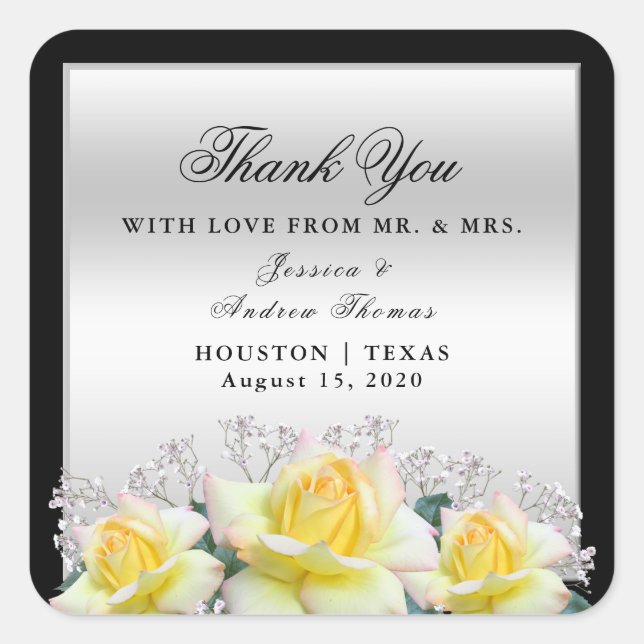 Chic Elegant Roses Silver Wedding Thank You Square Sticker (Front)