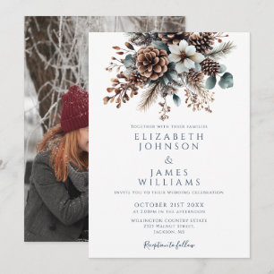 Chic Elegant Rustic Floral Pinecone Photo Wedding Invitation