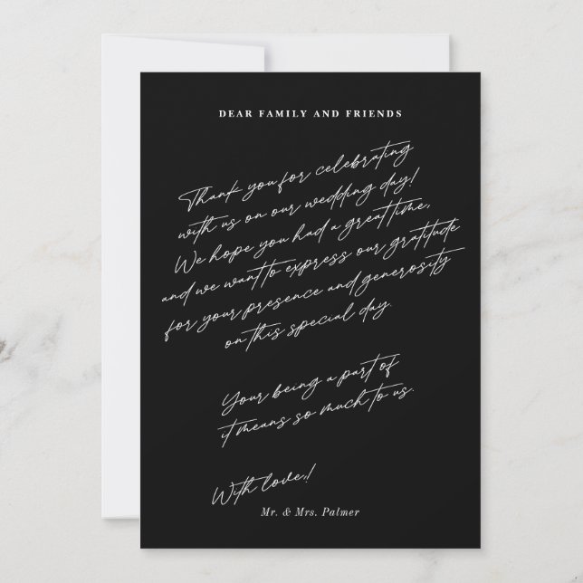 Chic Elegant Script Black 3 Photo Wedding Thank You Card (Back)