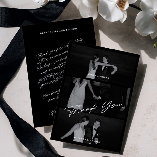 Chic Elegant Script Black 3 Photo Wedding Thank You Card (Chic Elegant Script Black 3 Photo Wedding Thank You Card)
